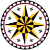 8-Pointed hex sign star with a scalloped border and 8 cross-like shapes. Colored in yellow, black, white, and burgundy.