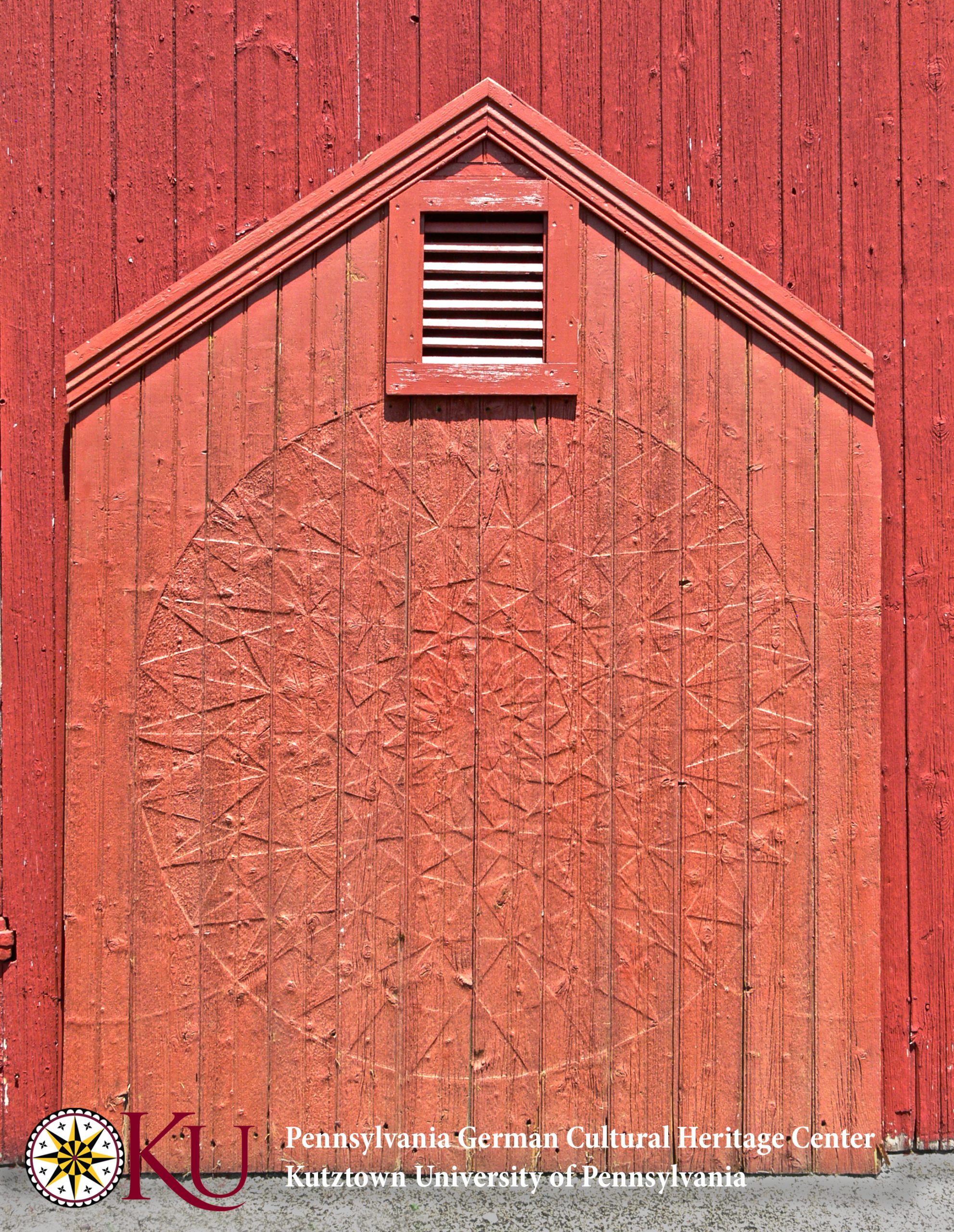 An extremely detailed barn star ghost or relief of what was previously painted. While the wood is all red in color, the relief of a 32-point star and star bursts can be seen in the right light or felt to the touch.