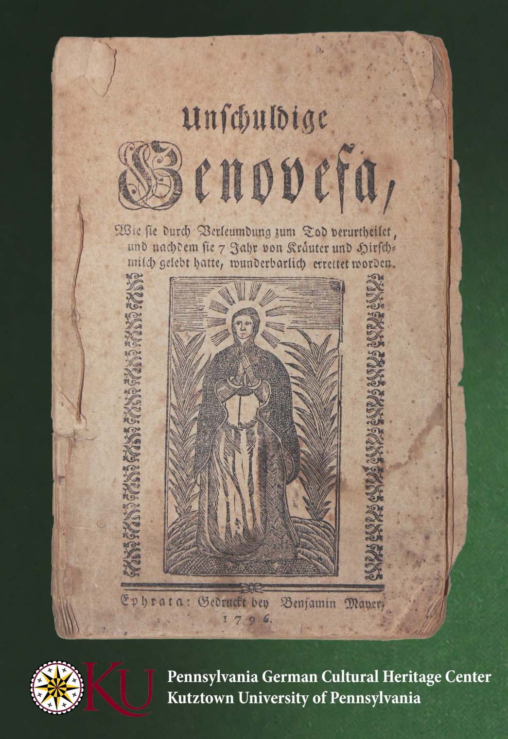 Early chapbook with woodcut of St. Genovefa of Brabant in the wilderness.