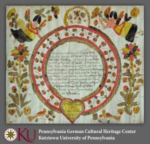 A manuscript with German text is surrounded by a decorative wreath with a heart. The edges of the page are lined with depictions of angels, flowers, leaves, and birds.